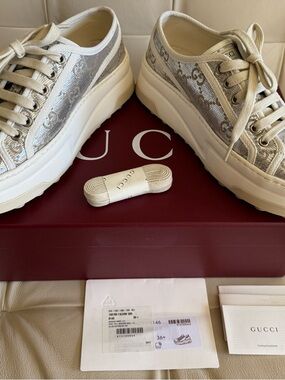 Gucci Silver Monogram Platform Sneakers with Cream Soles